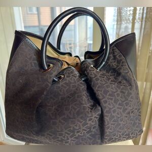 DKNY monogram handbag. Black canvas with leather trim.